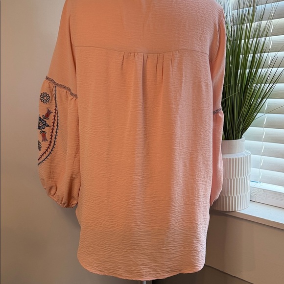 Anthropology Fig and Flower Peach Blouse with Navy Embroidery/ Large 3/4 Sleeve - Picture 4 of 7